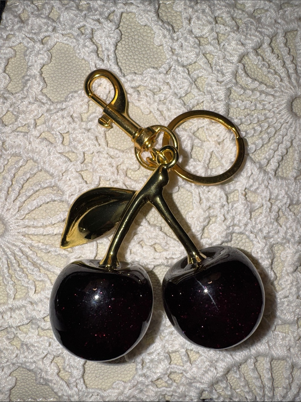 Cherry Keychain Bag Charm with Deep Burgundy Cherries and Gold Hardware NWOT